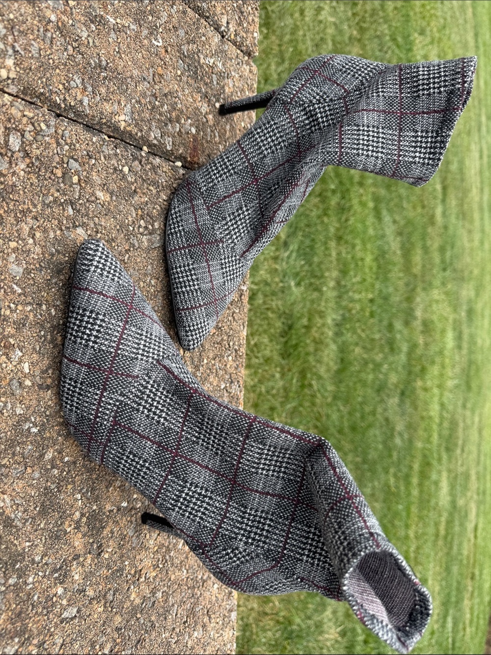 Charles By Charles David Gray Plaid Pointed Toe Sock Booties with Red Windowpane